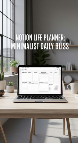 A bright studio with a laptop showing a Notion Life Planner overlay text Notion Life Planner Minimal.jpg