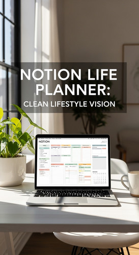 A bright studio with a laptop showing a Notion Life Planner overlay text Notion Life Planner Clean L.jpg