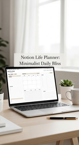 A bright studio with a laptop showing a Notion Life Planner overlay text Notion Life Planner Minimal.jpg