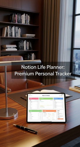 A luxury home office with a tablet showing a Notion Life Planner overlay text Notion Life Planner Pr.jpg