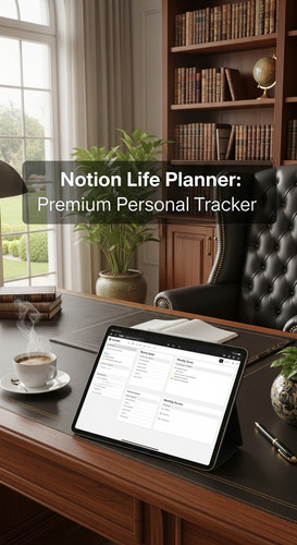 A luxury home office with a tablet showing a Notion Life Planner overlay text Notion Life Planner Pr.jpg