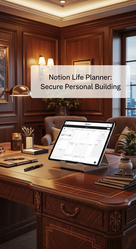 A luxury home office with a tablet showing a Notion Life Planner overlay text Notion Life Planner Se.jpg