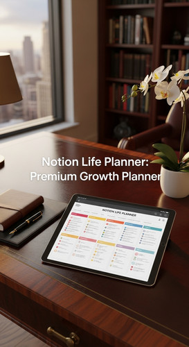 A luxury home office with a tablet showing a Notion Life Planner overlay text Notion Life Planner Pr.jpg