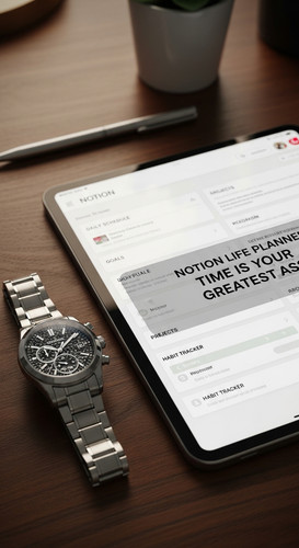 A desk with a luxury watch and a tablet showing a Notion Life Planner overlay text Notion Life Plann.jpg