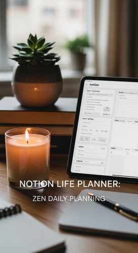 A desk with a luxury candle and a tablet showing a Notion Life Planner overlay text Notion Life Plan.jpg