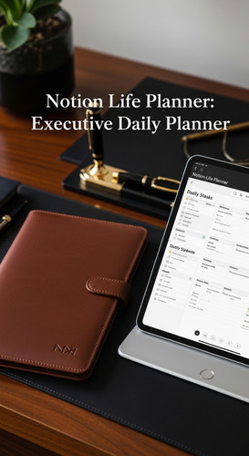 A desk with a luxury leather folder and a tablet showing a Notion Life Planner overlay text Notion L.jpg