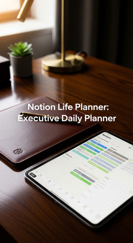 A desk with a luxury leather folder and a tablet showing a Notion Life Planner overlay text Notion L.jpg