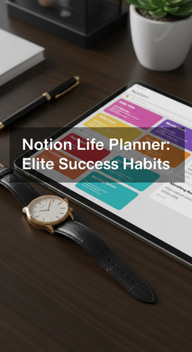 A desk with a gold watch and a tablet showing a Notion Life Planner overlay text Notion Life Planner.jpg
