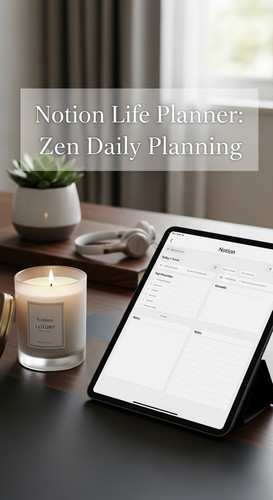 A desk with a luxury candle and a tablet showing a Notion Life Planner overlay text Notion Life Plan.jpg