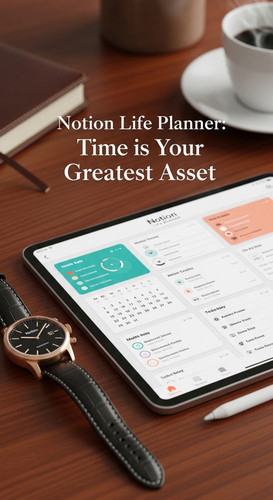 A desk with a luxury watch and a tablet showing a Notion Life Planner overlay text Notion Life Plann.jpg