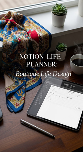 A desk with a silk scarf and a tablet showing a Notion Life Planner overlay text Notion Life Planner.jpg