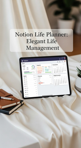 A desk with a silk cloth and a tablet showing a Notion Life Planner overlay text Notion Life Planner.jpg