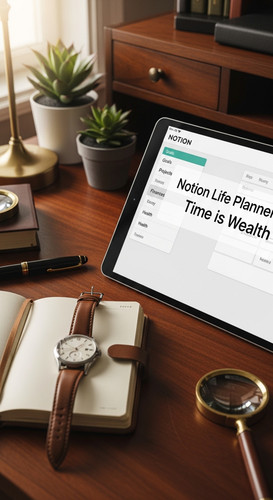 A desk with a vintage luxury watch and a tablet displaying a Notion Life Planner overlay text Notion.jpg