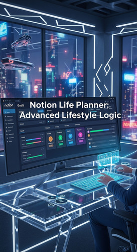 A futuristic hightech office with a screen displaying a Notion Life Planner overlay text Notion Life.jpg