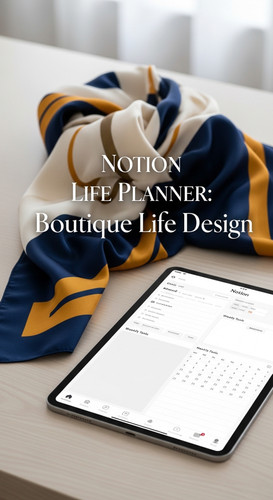 A desk with a silk scarf and a tablet showing a Notion Life Planner overlay text Notion Life Planner.jpg