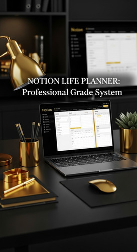 A highcontrast black and gold desk setup a laptop showing a Notion Life Planner overlay text Notion .jpg
