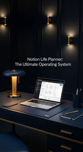 A highcontrast navy and gold office setup a laptop showing a Life Planner overlay text Notion Life P.jpg