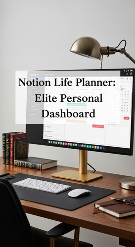 A highend desk with a gold monitor stand and a screen showing a Notion Life Planner overlay text Not.jpg