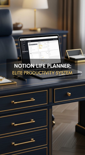 A highcontrast navy and gold executive desk a laptop showing a Life Planner overlay text Notion Life.jpg