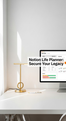 A clean white desk with a minimal gold light and a screen showing a Notion Life Planner overlay text.jpg