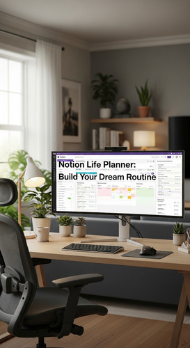 A clean home office with a massive monitor displaying a Notion Life Planner overlay text Notion Life.jpg