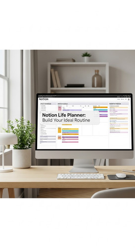 A clean home office with a large monitor showing a Notion Life Planner overlay text Notion Life Plan.jpg