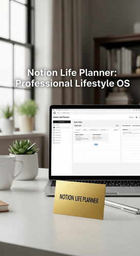 A clean workspace with a gold business card and a screen showing a Notion Life Planner overlay text .jpg