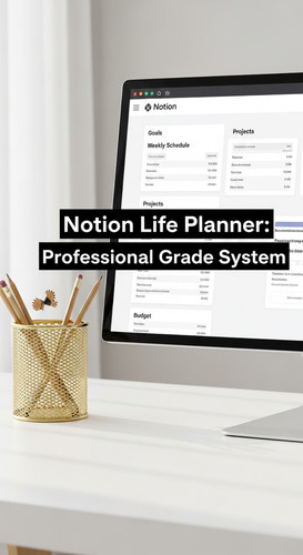 A clean white desk with a gold pencil holder and a screen showing a Notion Life Planner overlay text.jpg