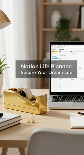A clean desk with a gold tape dispenser and a screen showing a Notion Life Planner overlay text Noti.jpg