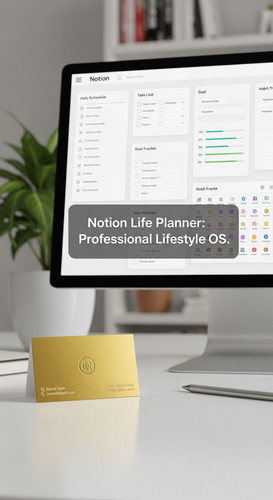 A clean workspace with a gold business card and a screen showing a Notion Life Planner overlay text .jpg