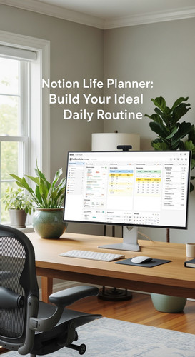 A clean home office with a large monitor showing a Notion Life Planner overlay text Notion Life Plan.jpg