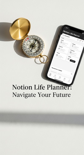 A minimalist flatlay with a gold compass and a phone showing a Notion Life Planner overlay text Noti.jpg