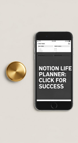 A minimalist flatlay with a gold button and a phone showing a Notion Life Planner overlay text Notio.jpg