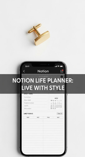 A minimalist flatlay with a gold cufflink and a phone showing a Notion Life Planner overlay text Not.jpg