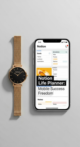 A minimalist flatlay with a gold chain watch and a phone showing a Life Planner overlay text Notion .jpg