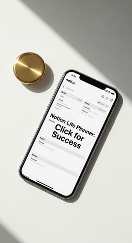 A minimalist flatlay with a gold button and a phone showing a Notion Life Planner overlay text Notio.jpg