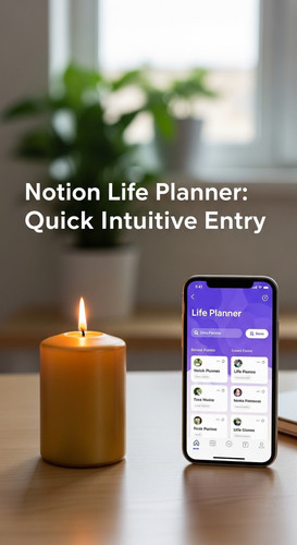 A clean workspace with a gold candle and a phone showing a Life Planner overlay text Notion Life Pla.jpg