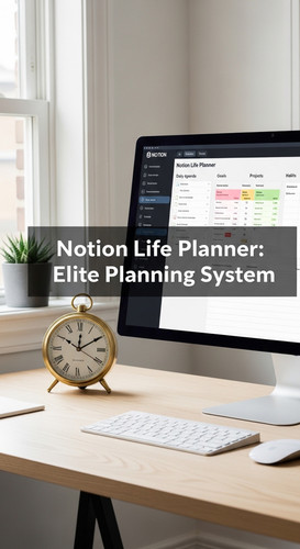 A clean workspace with a gold clock and a screen showing a Notion Life Planner overlay text Notion L.jpg