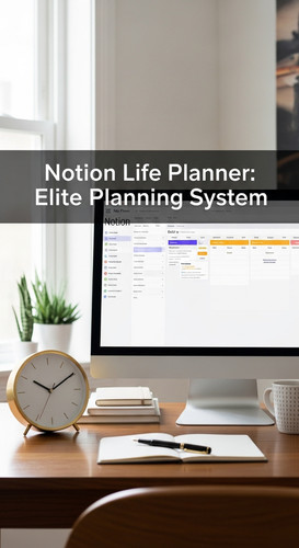 A clean workspace with a gold clock and a screen showing a Notion Life Planner overlay text Notion L.jpg