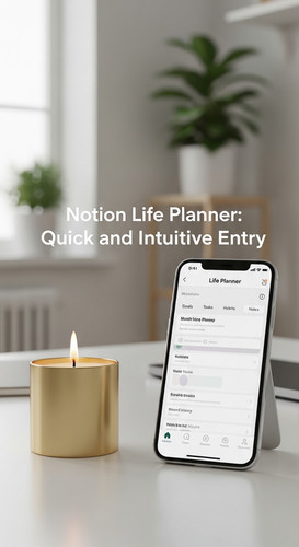 A clean workspace with a gold candle and a phone showing a Life Planner overlay text Notion Life Pla.jpg