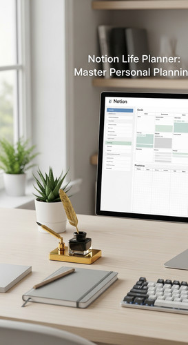 A clean workspace with a gold inkwell and a screen showing a Notion Life Planner overlay text Notion.jpg