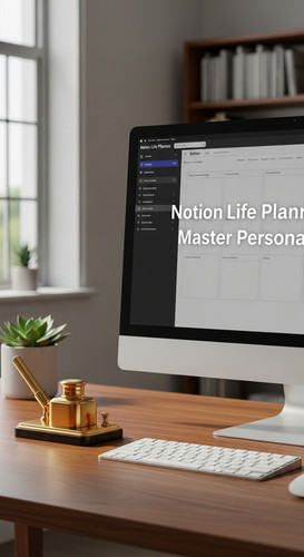 A clean workspace with a gold inkwell and a screen showing a Notion Life Planner overlay text Notion.jpg