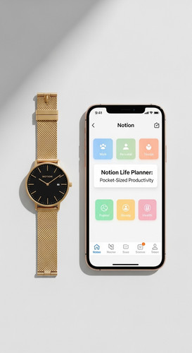 A minimalist flatlay with a gold watch and a phone showing a Life Planner overlay text Notion Life P.jpg