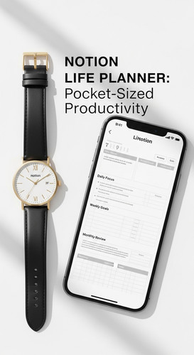 A minimalist flatlay with a gold watch and a phone showing a Life Planner overlay text Notion Life P.jpg