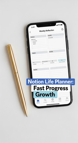 A minimalist flatlay with a gold pen and a phone showing a Notion Life Planner overlay text Notion L.jpg
