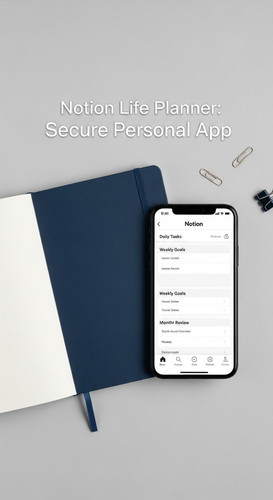 A minimalist flatlay with a navy notebook and a phone showing a Notion Life Planner overlay text Not.jpg