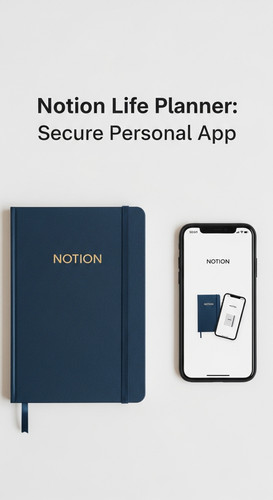 A minimalist flatlay with a navy notebook and a phone showing a Notion Life Planner overlay text Not.jpg
