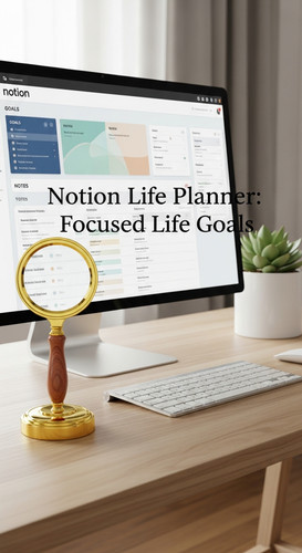 A clean workspace with a gold magnifying glass and a screen showing a Notion Life Planner overlay te.jpg