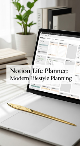 A clean workspace with a gold letter opener and a screen showing a Notion Life Planner overlay text .jpg