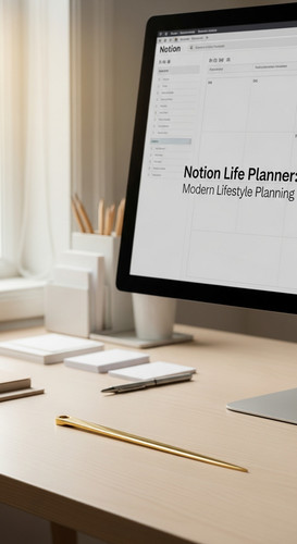 A clean workspace with a gold letter opener and a screen showing a Notion Life Planner overlay text .jpg